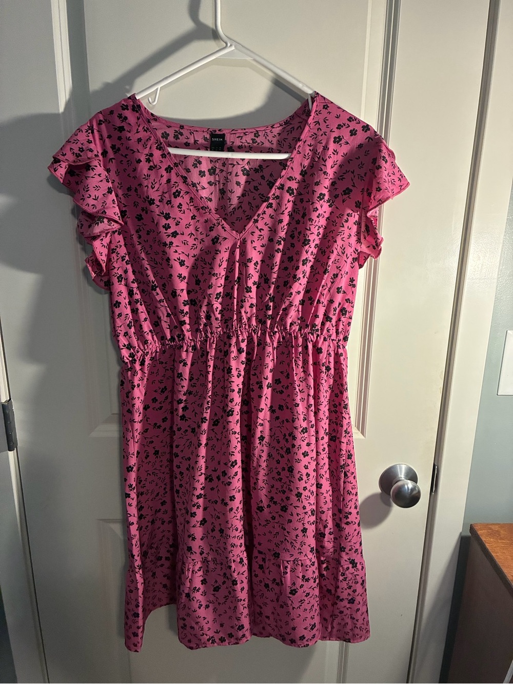 SHEIN Pink and Floral V-Neck Ruffle Sleeve Dress Size 12 GUC